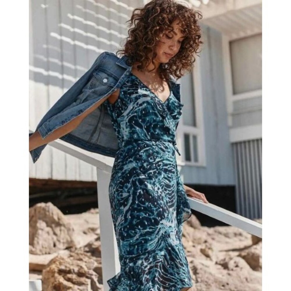 WHBM Dress Womens 6 Blue Ruffle‎ Wrap Midi V Neck Whimsical Fairycore Feminine